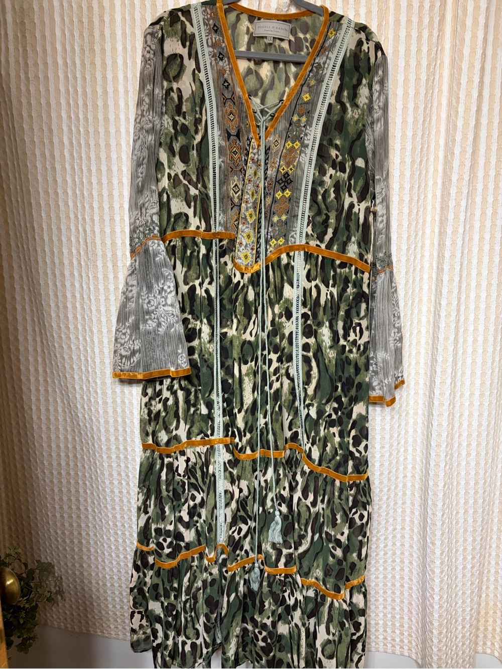 Double D Ranch Olive Green Leopard Print Maxi Dress with Gold Trim